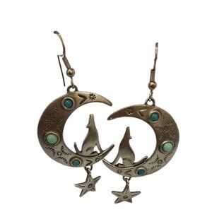 Signed JJ 1988 Cat Moon & Star Dangling Earrings (A5775)